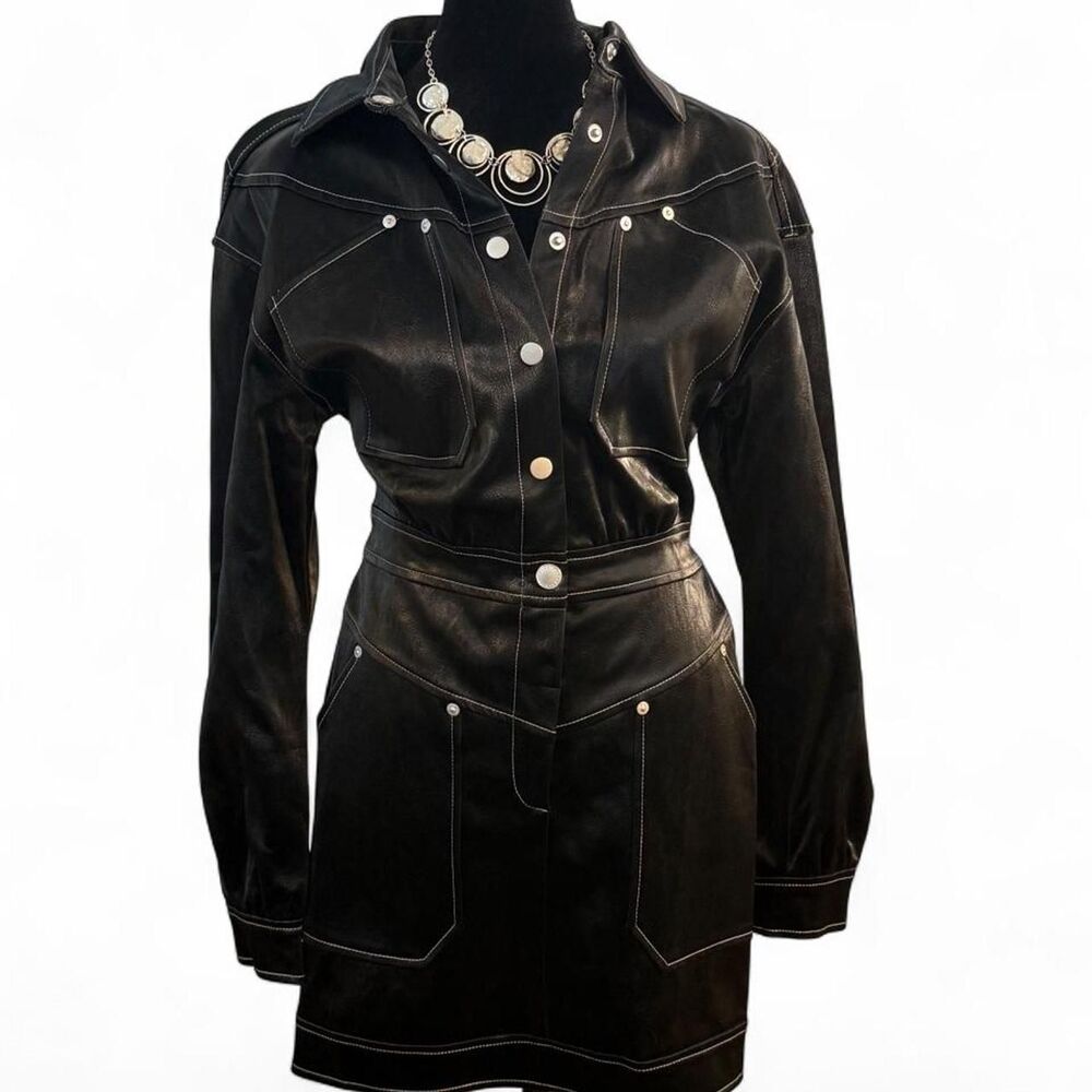 90s Preppy Old Money Minimalist Black Faux Leather Button Front Mini Dress